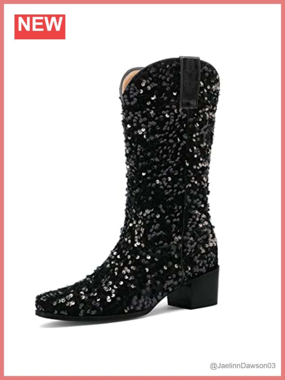 Sequin Glitter Cowboy Boots Chunky Heel Mid Calf Pull On Round Toe